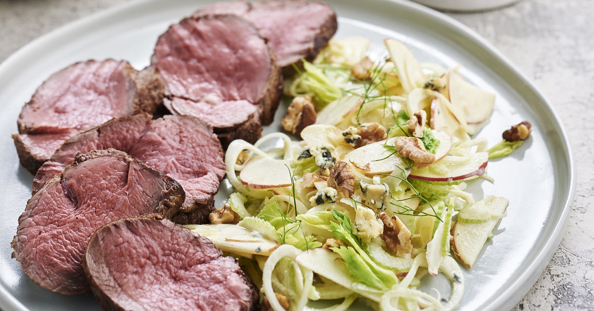 Roast Eye Fillet with Shaved Celery, Apple and Fennel Salad and Blue Cheese Dressing Recipe | myfood